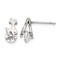 A pair of silver cat-shaped stud earrings with clear round cubic zirconia stones set in the lower portion, shown from front and back views.