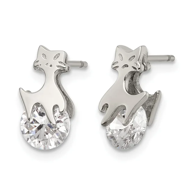 Pair of silver cat-shaped stud earrings with cubic zirconia stones set in the lower body, shown from front and back views.