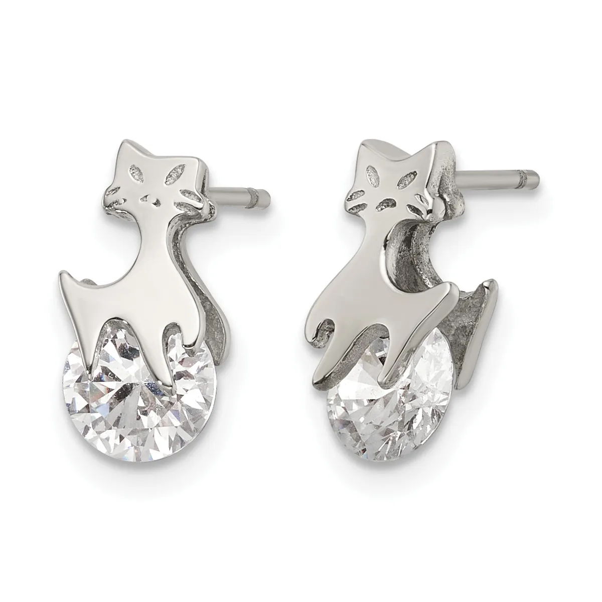 Pair of silver cat-shaped stud earrings with cubic zirconia stones set in the lower body, shown from front and back views.