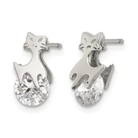 Pair of silver cat-shaped stud earrings with cubic zirconia stones set in the lower body, shown from front and back views.
