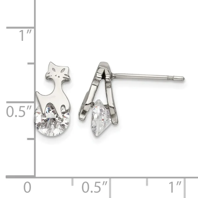 Pair of silver cat-shaped stud earrings with cubic zirconia stones, shown next to a measurement scale indicating approximately one inch in length.