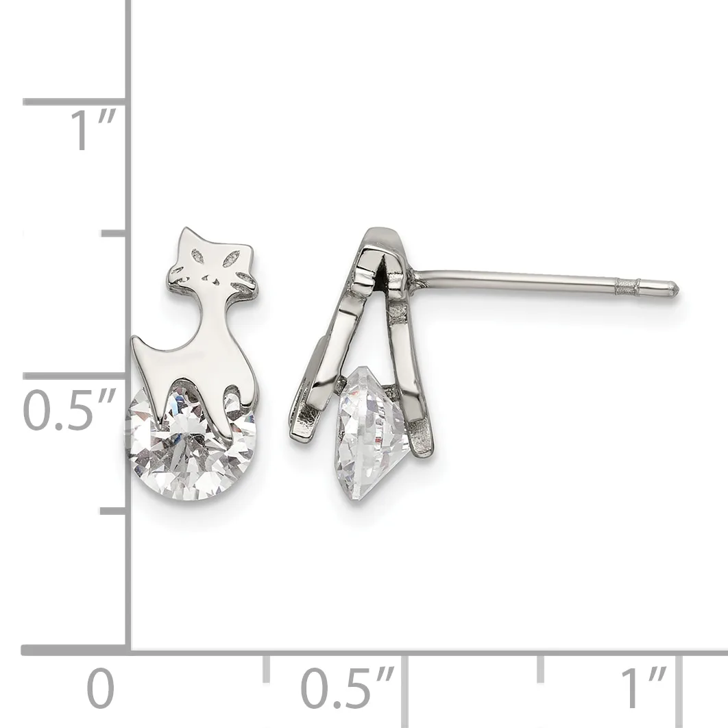 Pair of silver cat-shaped stud earrings with cubic zirconia stones, shown next to a measurement scale indicating approximately one inch in length.