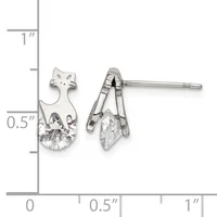Pair of silver cat-shaped stud earrings with cubic zirconia stones, shown next to a measurement scale indicating approximately one inch in length.