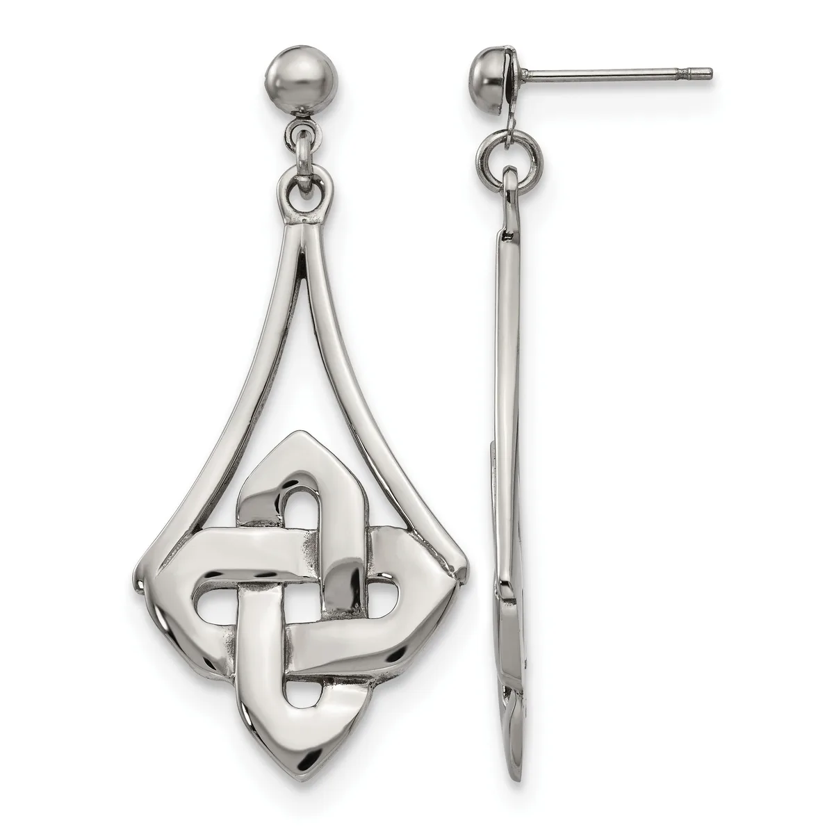 Pair of silver-toned dangle earrings with ball studs, featuring geometric interlocking diamond-shaped pendants with cutout details, shown from front and side views.