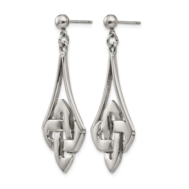 Pair of silver-toned dangle earrings with ball studs featuring teardrop-shaped frames containing interlocking geometric elements.