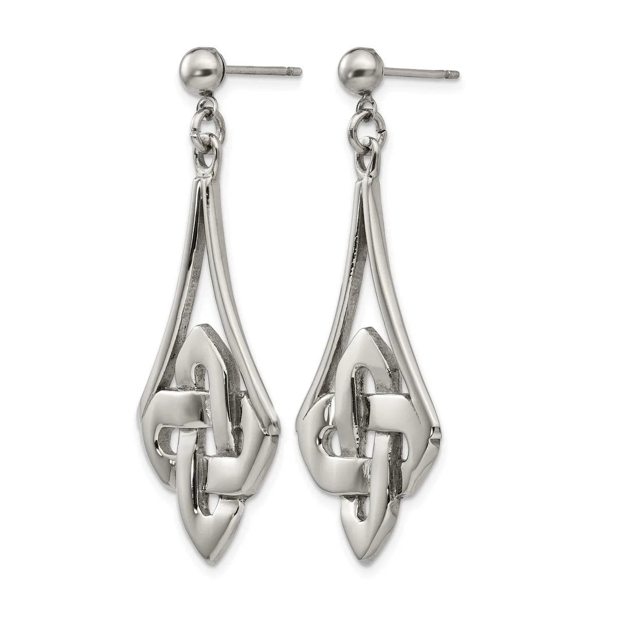 Pair of silver-toned dangle earrings with ball studs featuring teardrop-shaped frames containing interlocking geometric elements.