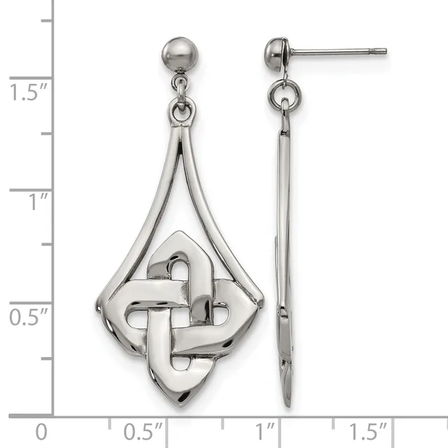 Stainless steel dangle earrings with ball studs and teardrop-shaped geometric pendants featuring interlocking curved designs, shown front and side view with measurement scale.
