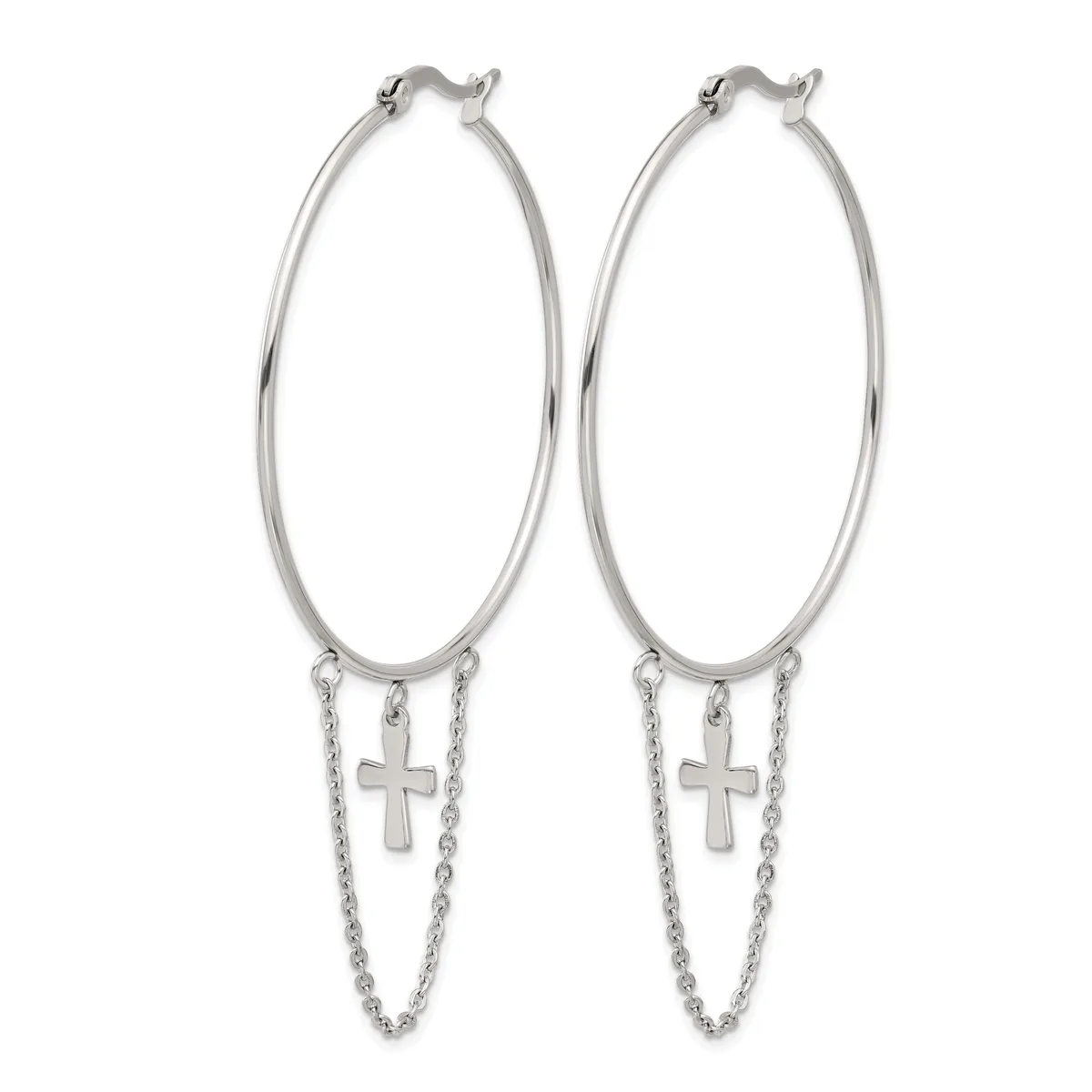 Pair of silver-toned hoop earrings with dangling chain strands and small cross charms attached at the bottom.