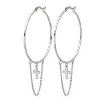 Pair of silver-toned hoop earrings with dangling chain strands and small cross charms attached at the bottom.