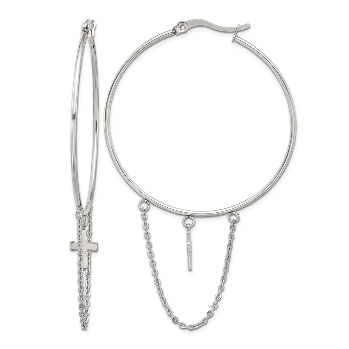 Pair of silver-toned hoop earrings with dangling chain details and small cross charm on one earring.