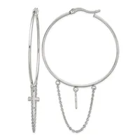 Pair of silver-toned hoop earrings with dangling chain details and small cross charm on one earring.