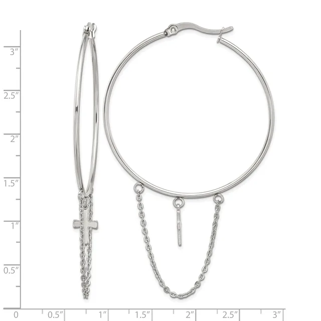 Silver-toned hoop earrings with dangling chains and cross charms, shown from front and side views with measurement scale.