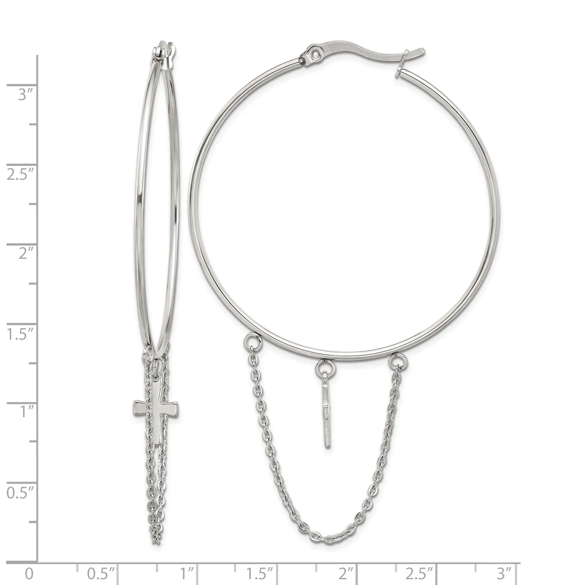 Silver-toned hoop earrings with dangling chains and cross charms, shown from front and side views with measurement scale.