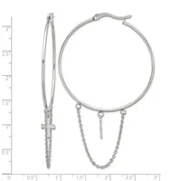 Silver-toned hoop earrings with dangling chains and cross charms, shown from front and side views with measurement scale.