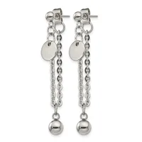 Pair of silver chain dangle earrings with round disc charms and ball drops, shown hanging from ball studs.