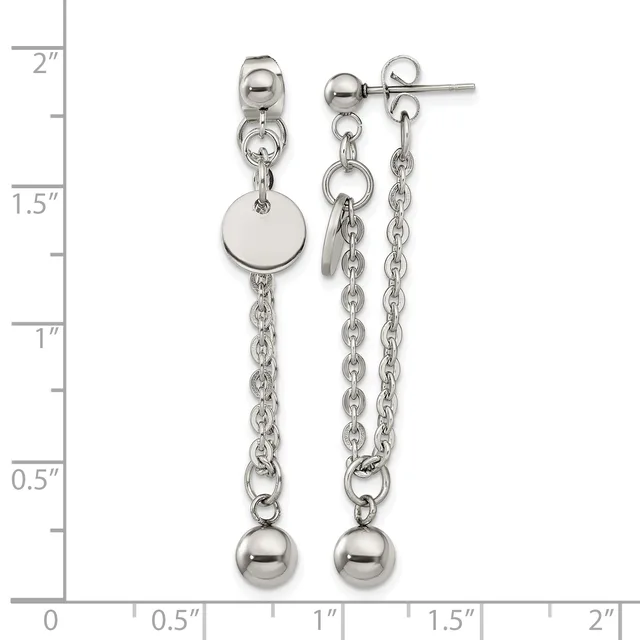 Pair of silver-tone dangle earrings with ball studs, chain drops, disc charms, and sphere terminals, displayed next to a measurement ruler.