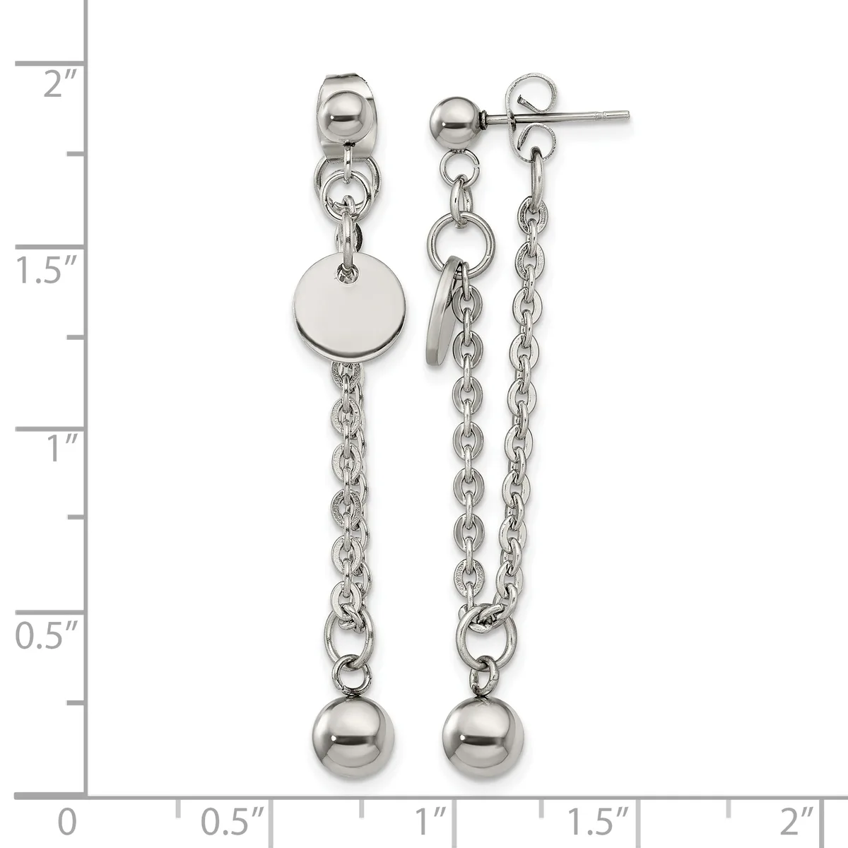 Pair of silver-tone dangle earrings with ball studs, chain drops, disc charms, and sphere terminals, displayed next to a measurement ruler.