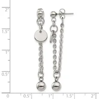 Pair of silver-tone dangle earrings with ball studs, chain drops, disc charms, and sphere terminals, displayed next to a measurement ruler.