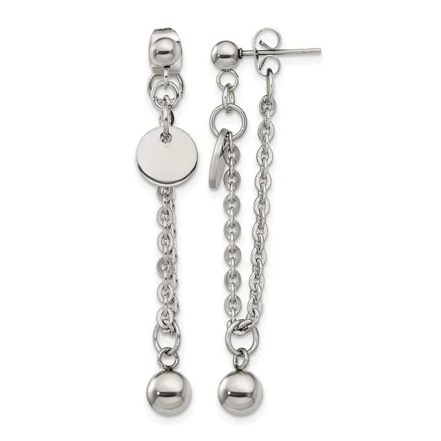 A pair of silver-toned chain dangle earrings with stud posts, each featuring a polished disc or ball charm suspended from delicate linked chains, displayed against a white background.