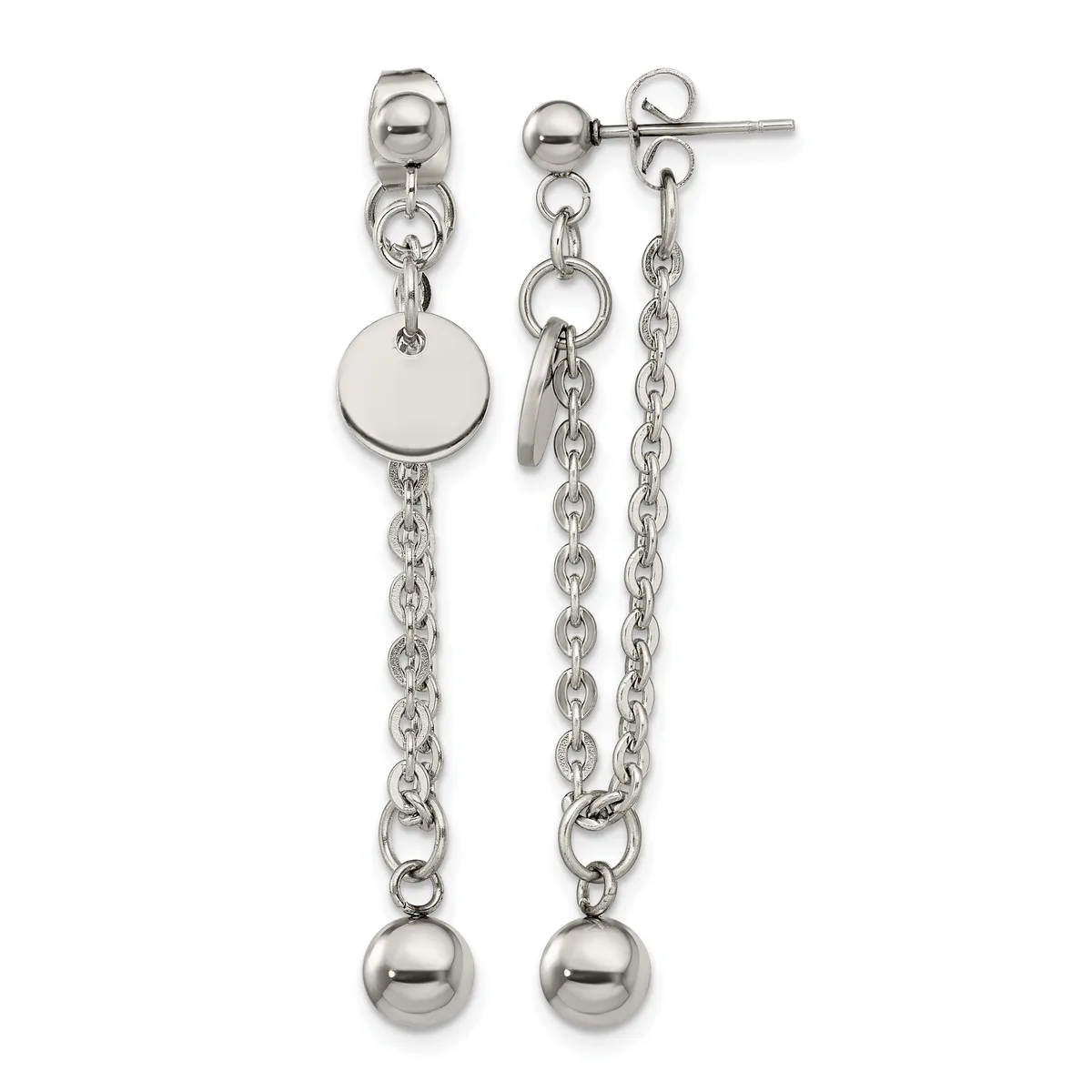A pair of silver-toned chain dangle earrings with stud posts, each featuring a polished disc or ball charm suspended from delicate linked chains, displayed against a white background.