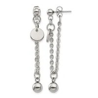 A pair of silver-toned chain dangle earrings with stud posts, each featuring a polished disc or ball charm suspended from delicate linked chains, displayed against a white background.