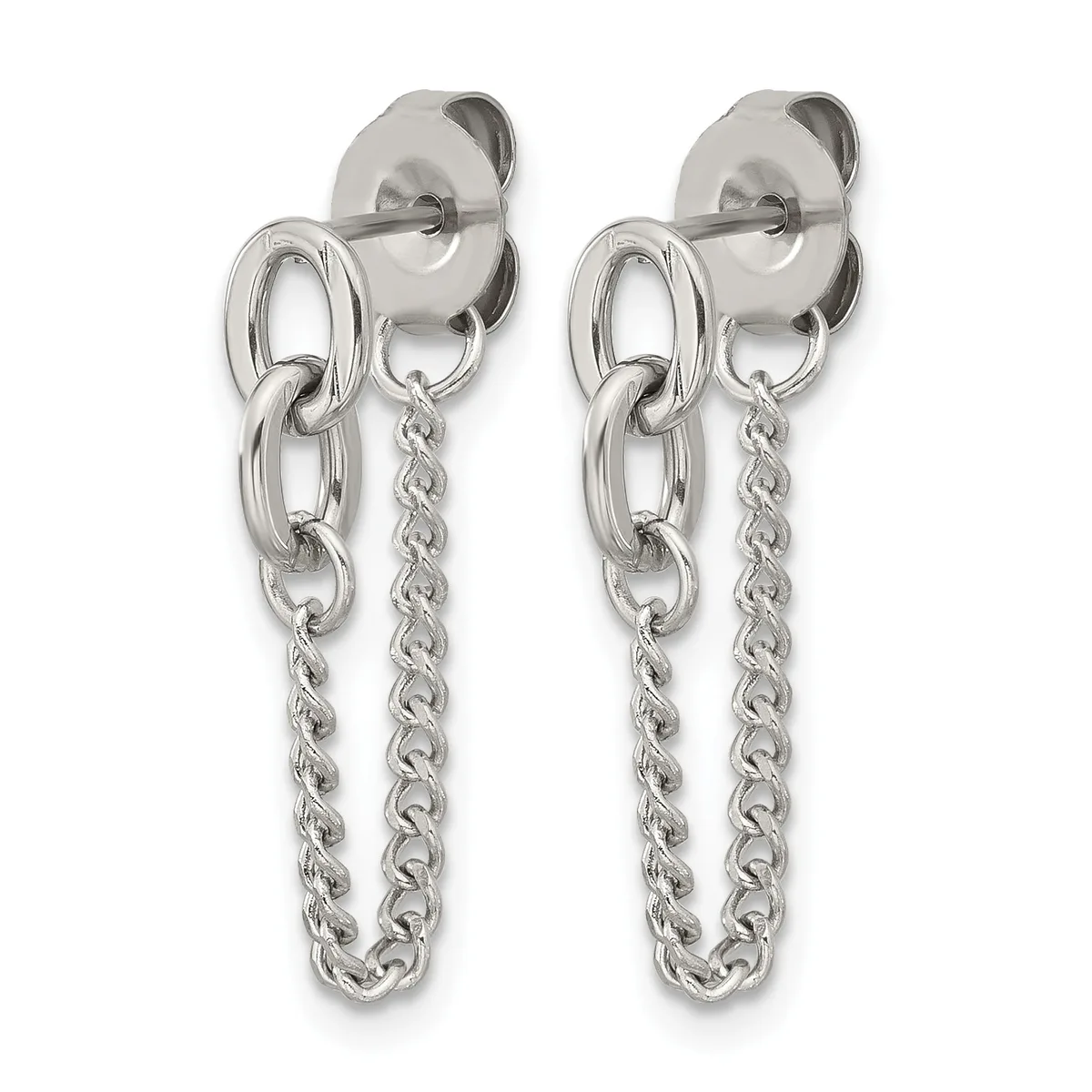 A pair of silver chain dangle earrings with rectangular links at the top and twisted rope-textured chains hanging below, shown against a white background.