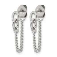 A pair of silver chain dangle earrings with rectangular links at the top and twisted rope-textured chains hanging below, shown against a white background.