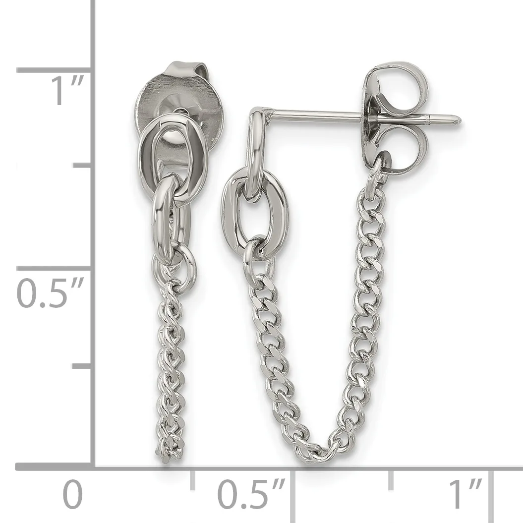 A pair of silver stud earrings with chain and connector details, shown against a measurement scale indicating approximately one inch in length.