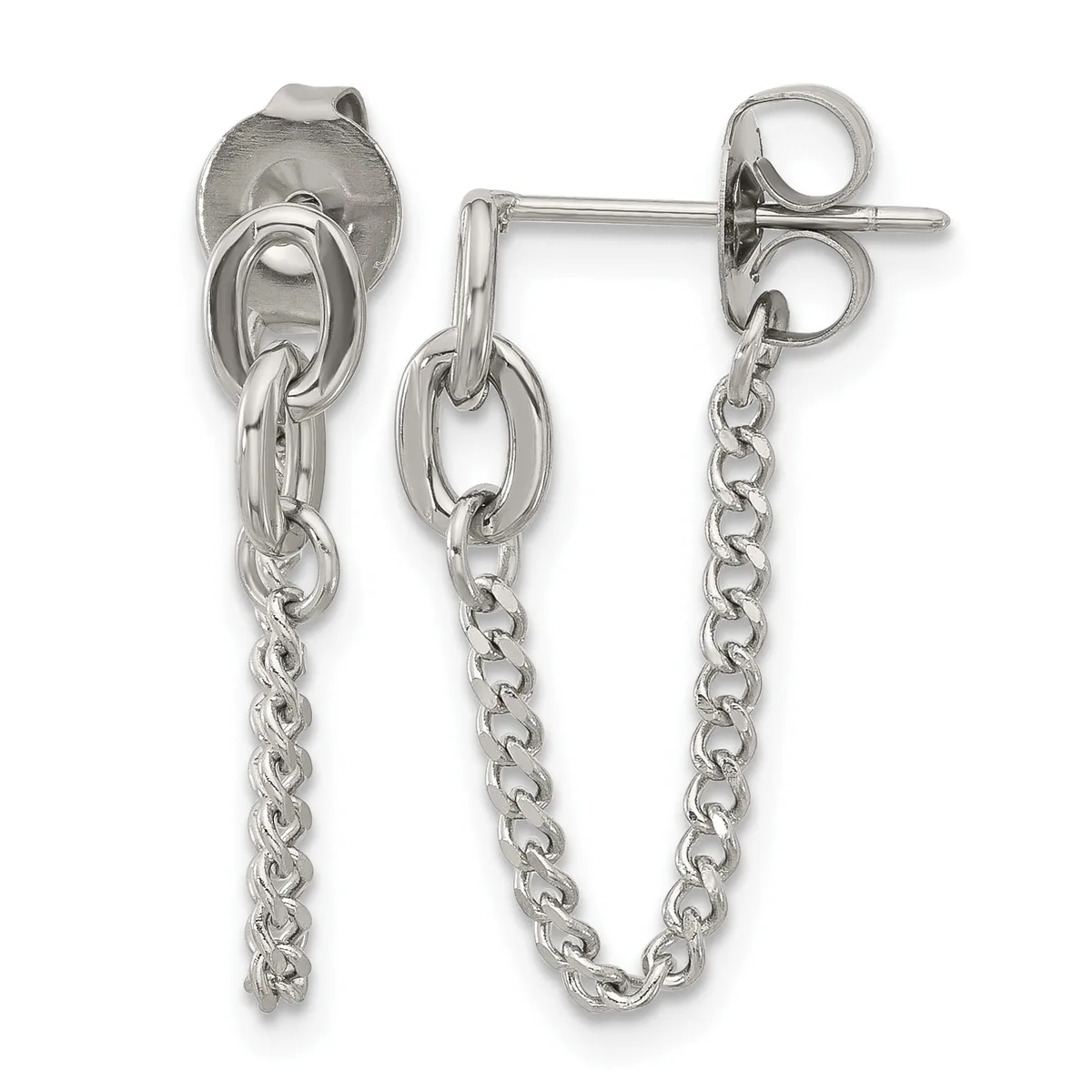 Pair of silver chain dangle earrings with stud posts and butterfly backs, featuring oval link connectors at the top and curb chain drops.