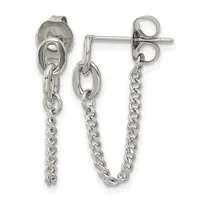Pair of silver chain dangle earrings with stud posts and butterfly backs, featuring oval link connectors at the top and curb chain drops.