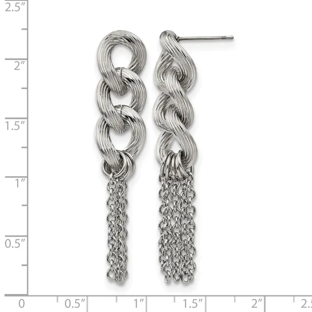 Pair of silver twisted loop earrings with chain fringe dangles, shown against a ruler measuring approximately 2 inches in length.