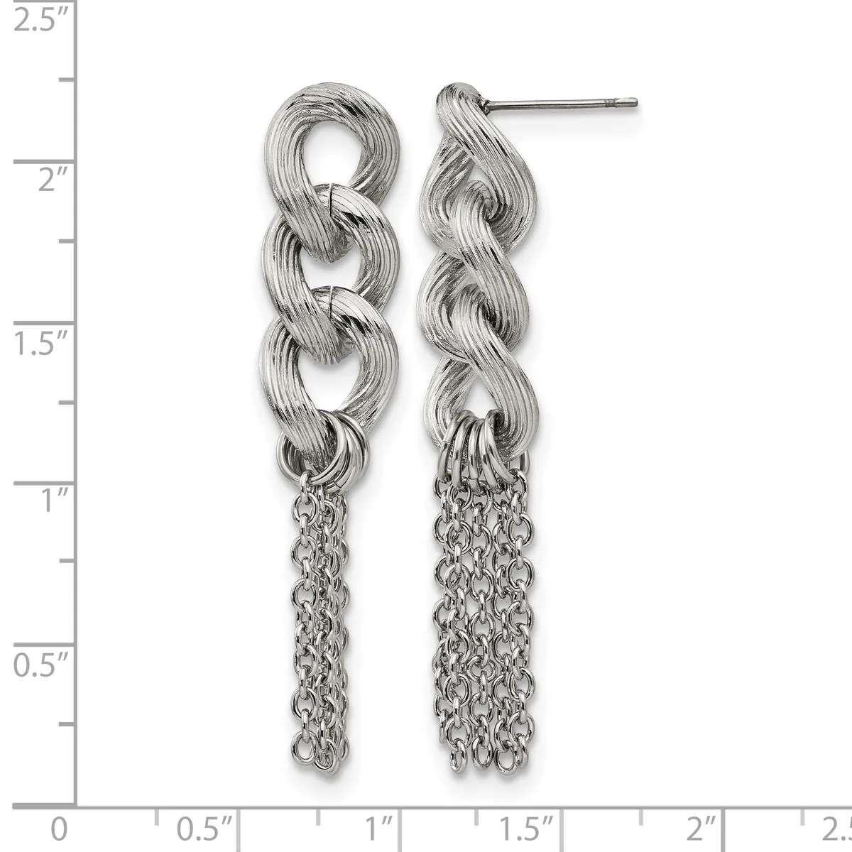 Pair of silver twisted loop earrings with chain fringe dangles, shown against a ruler measuring approximately 2 inches in length.