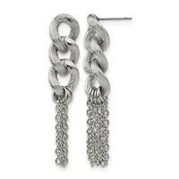 Pair of silver textured loop earrings with dangling chain tassels, shown from front and back views with posts and backs.