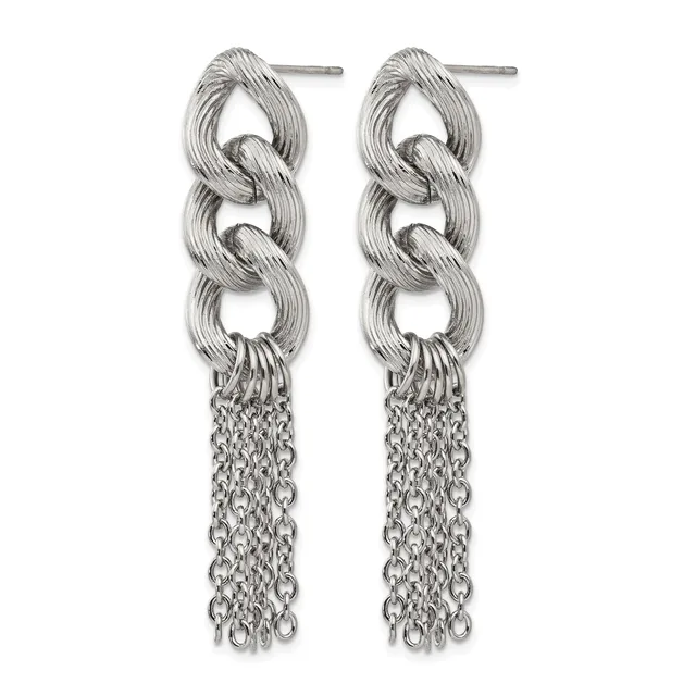 A pair of silver-toned drop earrings with twisted chain links at the top and multiple delicate chains hanging from the bottom, shown against a white background.