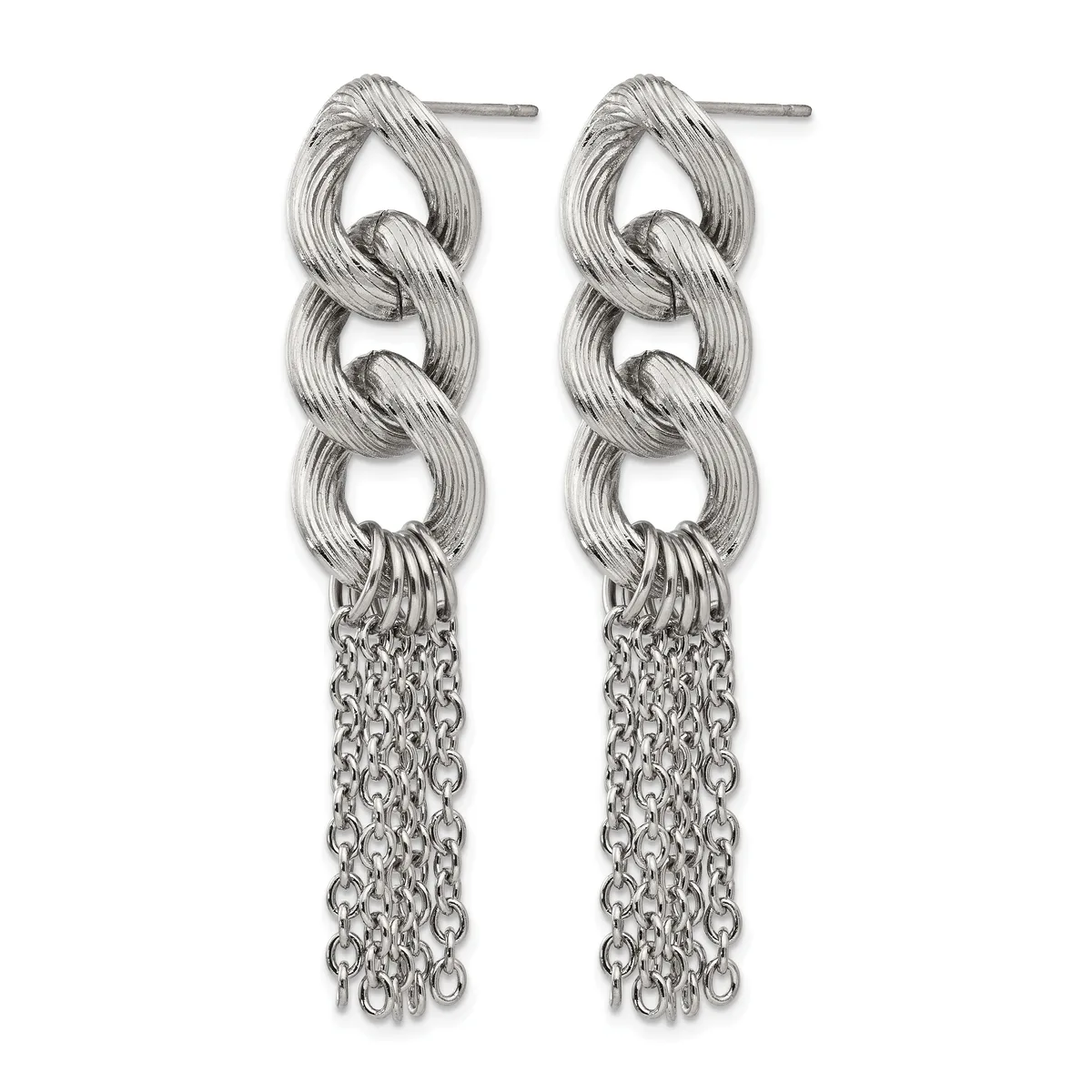 A pair of silver-toned drop earrings with twisted chain links at the top and multiple delicate chains hanging from the bottom, shown against a white background.