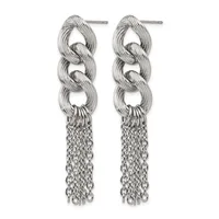 A pair of silver-toned drop earrings with twisted chain links at the top and multiple delicate chains hanging from the bottom, shown against a white background.