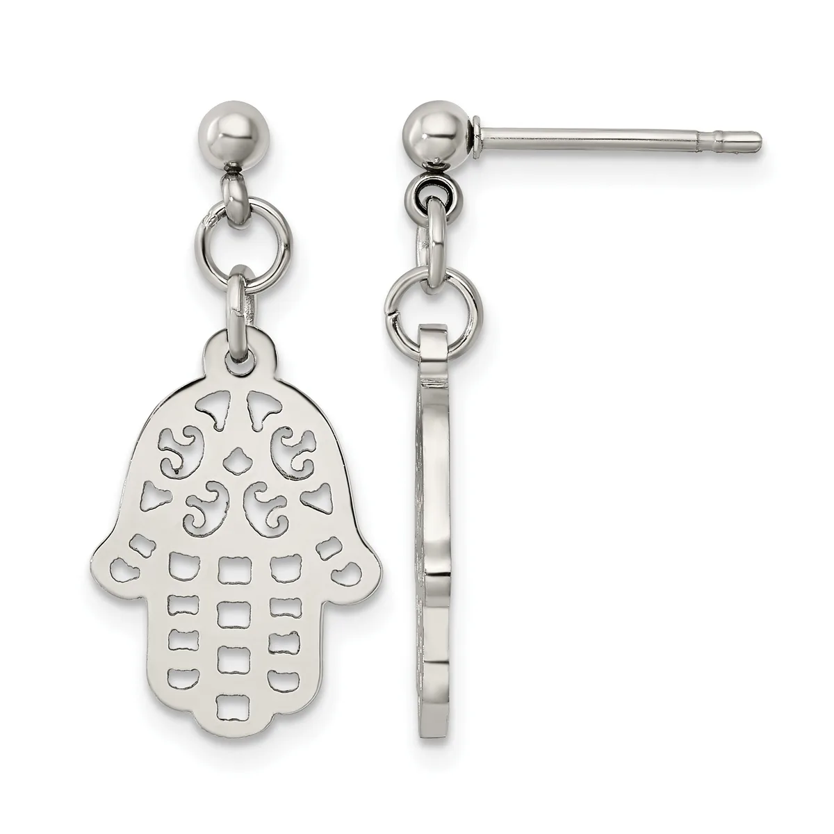Pair of silver dangle earrings with ball studs featuring hamsa hand charms with ornamental cutout patterns, shown front and back views.