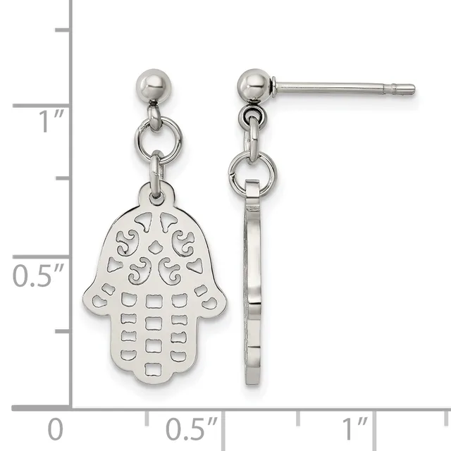 Pair of sterling silver dangle earrings with ball studs featuring hamsa hand charms with decorative cutout patterns, shown against a measurement scale.