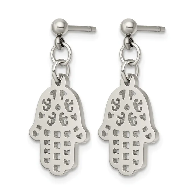 Pair of silver-toned stainless steel hamsa hand dangle earrings with decorative cutout patterns, shown against a white background.