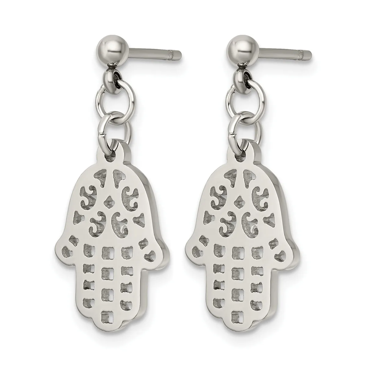Pair of silver-toned stainless steel hamsa hand dangle earrings with decorative cutout patterns, shown against a white background.