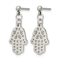 Pair of silver-toned stainless steel hamsa hand dangle earrings with decorative cutout patterns, shown against a white background.