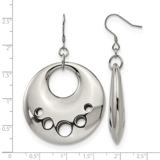 Pair of polished silver-tone domed disc earrings with circular cutouts and matching tapered tubular drop earrings, displayed front and side view with measurement scale.