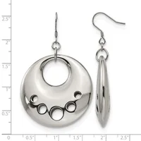 Pair of polished silver-tone domed disc earrings with circular cutouts and matching tapered tubular drop earrings, displayed front and side view with measurement scale.