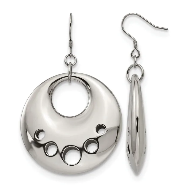 Pair of polished stainless steel dangle earrings with large circular discs featuring cutout circles and connected teardrop-shaped pendants, shown front and side view.