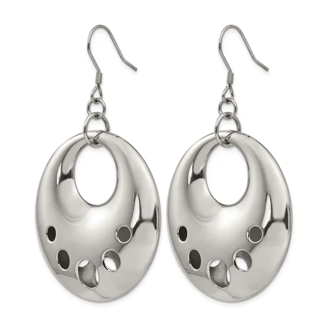 Pair of silver-toned metal oval hoop earrings with cutout details and fish hook ear wires, displayed side by side.