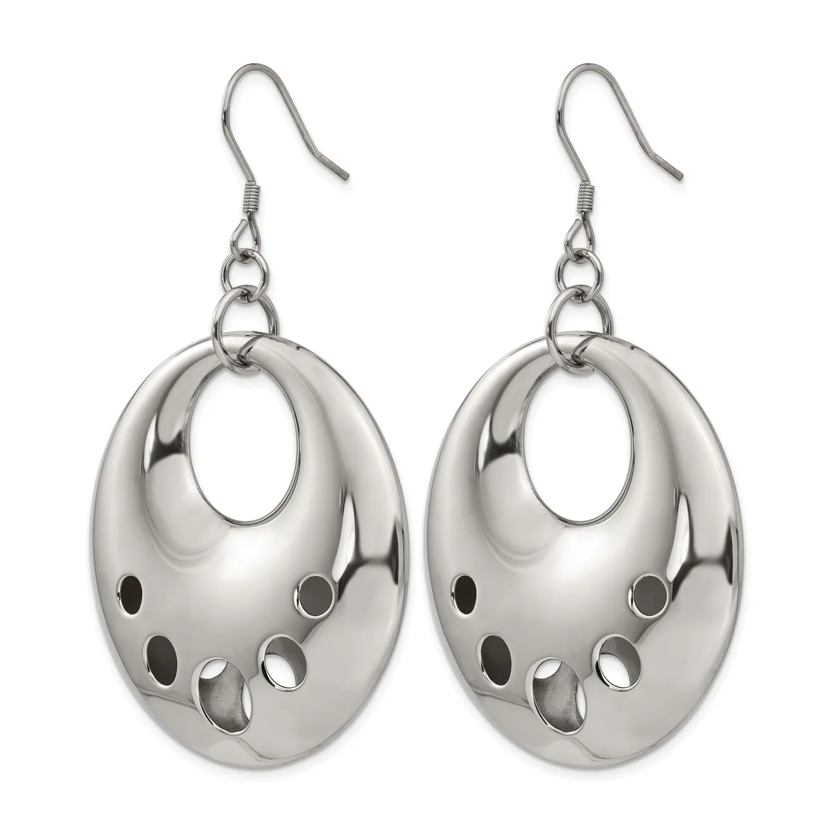 Pair of silver-toned metal oval hoop earrings with cutout details and fish hook ear wires, displayed side by side.