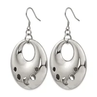 Pair of silver-toned metal oval hoop earrings with cutout details and fish hook ear wires, displayed side by side.