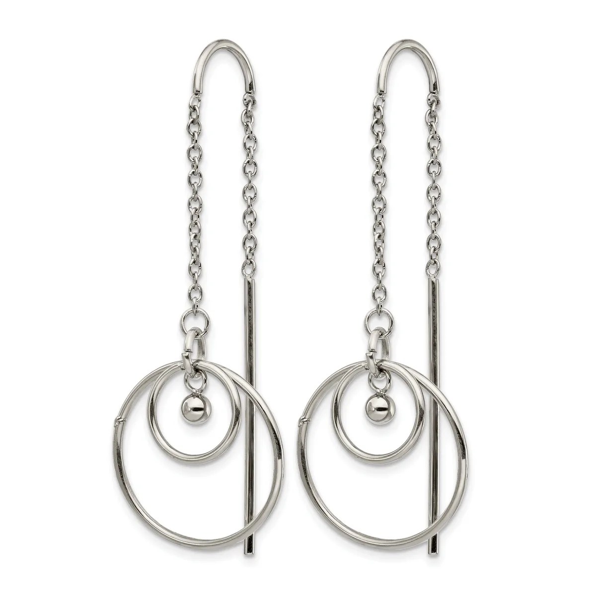 Pair of silver threader earrings featuring concentric circles and small beads suspended from delicate chain loops.
