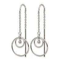 Pair of silver threader earrings featuring concentric circles and small beads suspended from delicate chain loops.