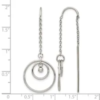 Pair of silver-toned chain earrings with concentric circle dangles on the left and threader style on the right, displayed against a ruler showing measurements up to two inches.